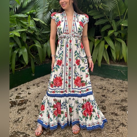 FARM Rio Dresses & Skirts - FARM Rio Floral Long Dress with Red and Blue Size S